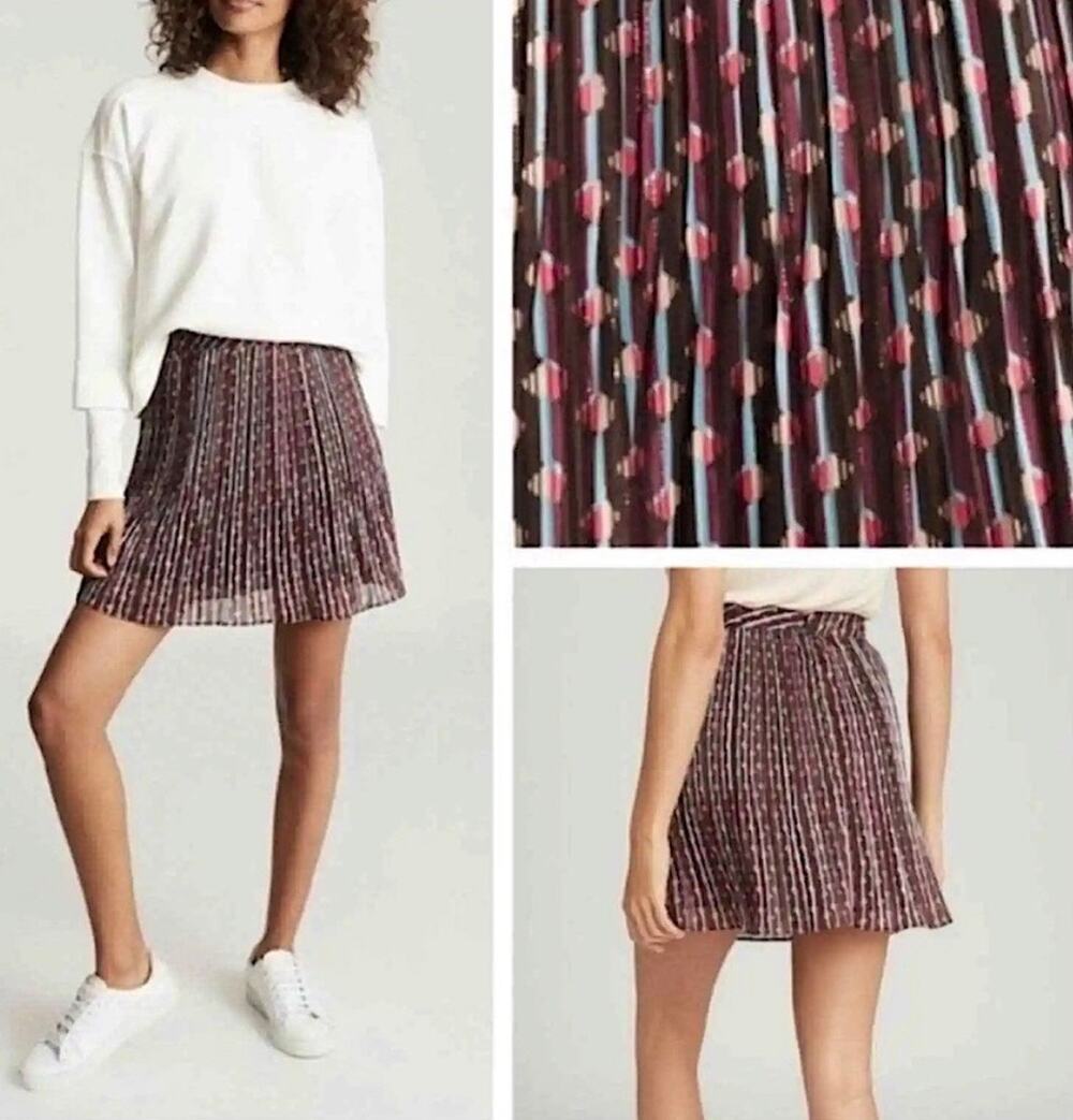 REISS Metallic Striped Geometric Pleated Chiffon Mini Skirt US 8 UK 12 Preppy